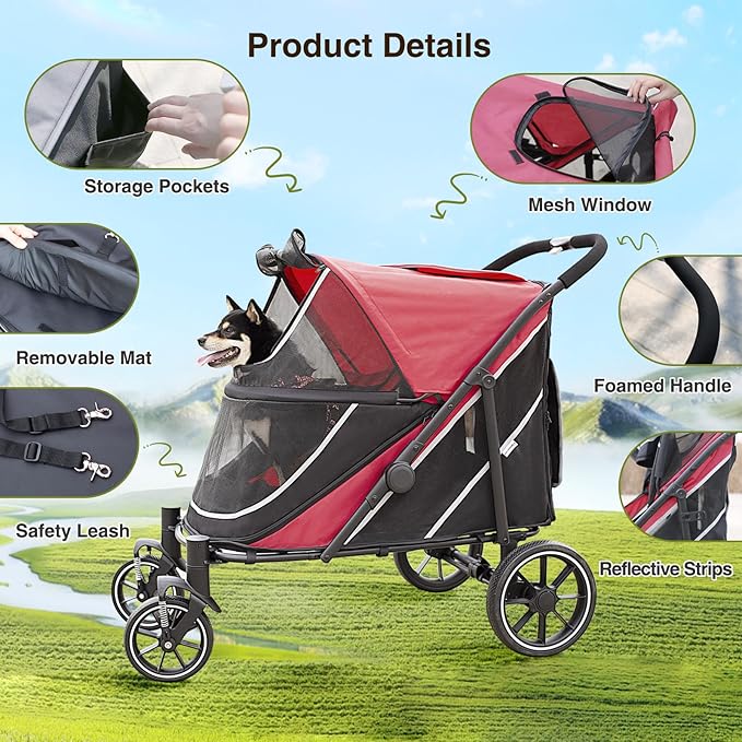 Dog Stroller for Medium/Large Dogs One-Click Folding, Extra Large Pet Stroller for 2 Dogs with Storage Pocket & Shock Absorption, Up to 130 lbs, Red