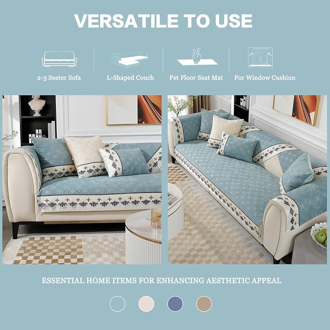 DREAMINGO Sofa Seat Cover, Washable Chenille Sofa Protector for Pets Kids, European Embroidery Jacquard 3 Cushion Couch Slipcover, Versatile Living Room Furniture Cover 35.4"x94.5", Teal Blue - Image 7