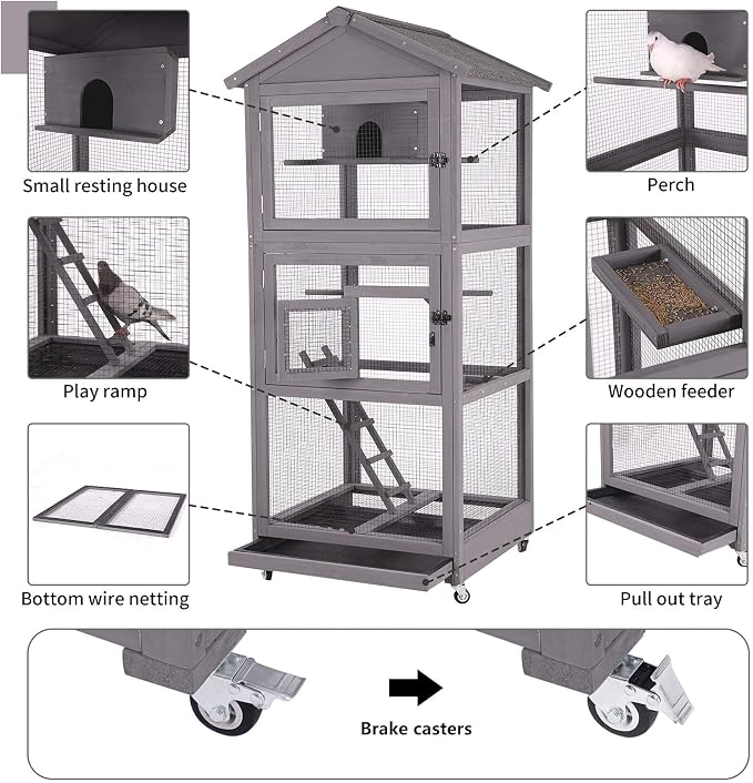 Aivituvin Outdoor Bird Cage Large Wooden Bird Aviary with Perch for Parakeet,Macaw and Any Small Birds,Wire Netting Above The Tray,Prevent Escape - Image 6