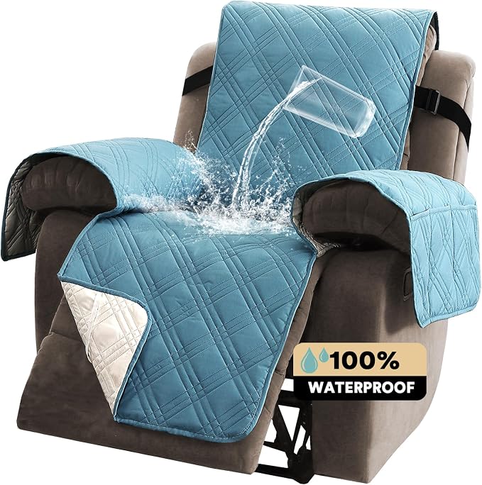 PrinceDeco Recliner Cover 100% Waterproof Couch Cover Sofa Cover for Living Room Water Resistant Furniture Protector with Elastic Straps for Pets Dog(Recliner28,Smoke Blue) - Image 7