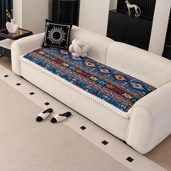 STACYPIK Blue Bohemian Jacquard Couch Cover for Pets, Thick Non Slip Sofa Cover for Loveseat, Washable Dog Furniture Protector for 3 Cuhsion Couch, L Shape Couch Cushion Cover Pets Mat Bed-27.6X70.9IN - Image 8