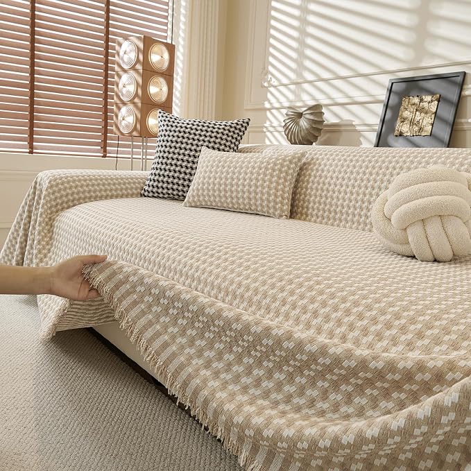 ROOMLIFE Thicked Checkered Boho Khaki Couch Cover for 2-3 Cushion Sofa, Chenille Sofa Slipcovers Sectional Sofas Covers for Dog, Non Slip Washable Furniture Protector Soft with Tassel 71''X150'' - Image 9