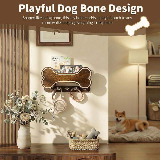 MTERSN Decorative Dog Leash Holder for Wall - Bone Shape Key Holder Wall Mount with 5 Cute 3D Doggie Paw Key Hooks & Floating Shelf to Organize Dog Stuff - Wall Decor Living Room for Pet (Dark Acacia) - Image 6