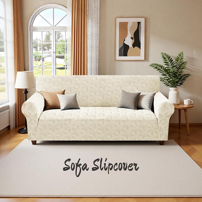 YEMYHOM 1 Piece Stretch Couch Covers for 3 Cushion Couch, Jacquard Sofa Cover with Non-Slip Elastic Bottom, Thickened Slipcover Furniture Protector for Dogs Pets (Large, Beige) - Image 8