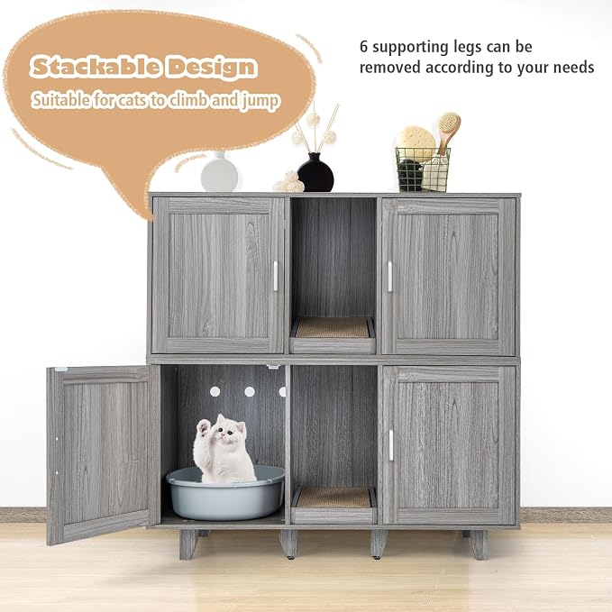 Tangkula Patented Double Cat Litter Box Enclosure for 2 Cats, Large Stackable Hidden Privacy Cat Washroom Cabinet with Scratching Board, Indoor Cat House TV Stand, Litter Box Furniture (Grey Oak) - Image 9