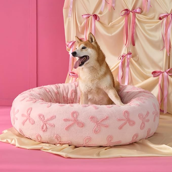 Lesure Shown on TV Donut Small Dog Bed - Round Cat Beds for Indoor Cats Anti-Anxiety Calming Gift for Pets, Washable Cute Modern Beds with Jacquard Shaggy Plush & Anti Slip Bottom, 27 Inch, Pink Taffy - Image 7