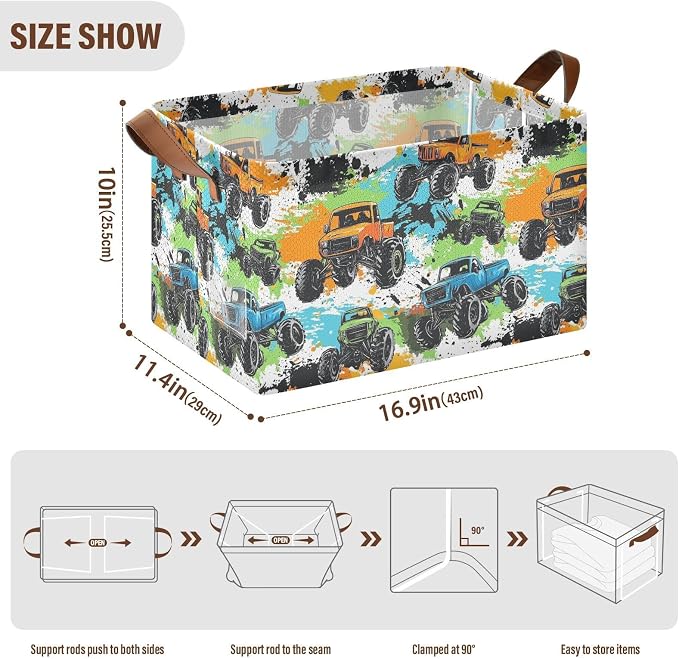 Colorful Monster Truck Splash Trucks Baby Storage Basket with Labels&Handles Rectangular Waterproof Nursery Storage Bins Collapsible Shelf Organizer Baskets for Kids Books Cloth Gift Toys Laundry - Image 7