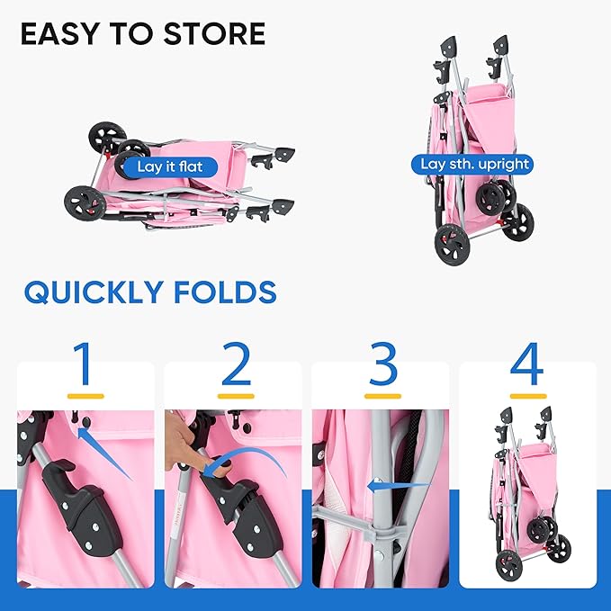 NEWBULIG 3 Wheel Pet Stroller for Dogs and Cats, Foldable, Lightweight and Durable, Ideal for Small to Medium Pets, Includes Storage Basket and Cup Holders