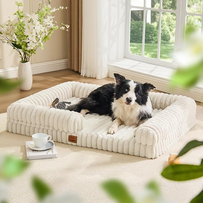 ChiXnuggle Faux Fur Orthopedic Dog Bolster Bed, Waterproof Washable Cover | rectangular dog sofa couch,egg crate foam,non-slip bottom,for extra large dogs,cream,41*30*7 - Image 9