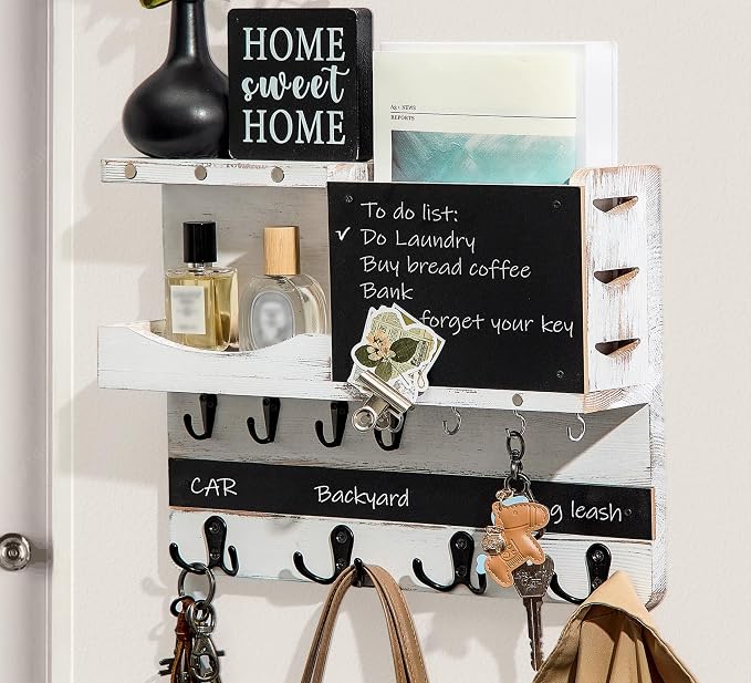 Key Holder for Wall Mount with Shelf and Mail Organizer, Key and Mail Holder with 16 Hooks, Farmhouse Entryway Organizer, Home Decor Rack (Pine Wood, White Washed) - Image 8