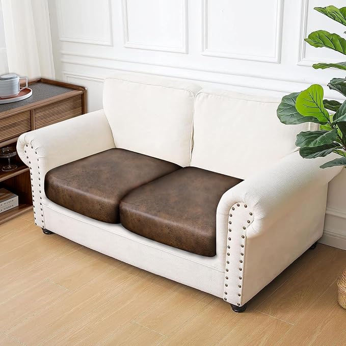ANARACHON Leather Look Couch Cushion Covers Sofa Seat Slipcovers Sets Couches Furniture Protector for Sectional Armchair Loveseat Pets Kids Stretch Spandex Fabric (2 Cushion Loveseat, Dark Brown) - Image 7