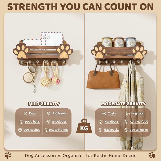 MTERSN Decorative Dog Leash Holder for Wall - Dog Accessories Organizer with Floating Shelf and 6 Key Hooks – Key Holder Wall Mount for Cute Stuff & Rustic Home Decor (Brown) - Image 6