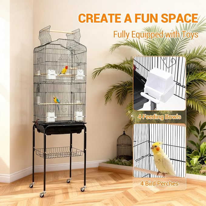 Garvee Open Top Large Parrot Bird Cage, Hanging Bird Cage with Detachable Rolling Stand and Storage Shelf, Playtop Parrot Cages Heavy-Duty Pet Birds House for Cockatiel Black - Image 9