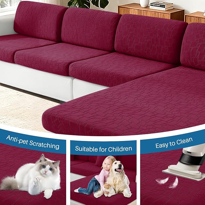 MAXIJIN Waterproof Sectional Couch Cover 4 Pieces Stretch Couch Cushion Covers for Sectional Sofa L Shape Seat Slipcovers with Elastic Bottom for Dog Pet (3 Seater + 1 Chaise, Wine Red) - Image 7