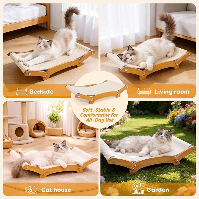 Sisal Cat Scratcher Bed for Indoor Cats, Extra-Larger Cat Scratching Board, Lounger & Play & Scratch, Cat Scratch Pad for Bored Kittens and Adult Cats, with Sturdy Solid Wood Frame, Beige - Image 7