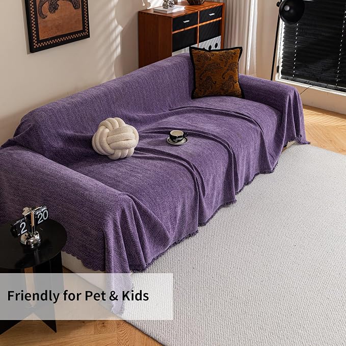 Sofa Covers for 3 Cushion Couch Seat, Loveseat Non Slip Couch Cover Chenille Strip Couch Throw Blankets with Tassels, Sectional Sofa Slipcovers Furniture Protector for Pets, Kids 71"x134", Purple - Image 7