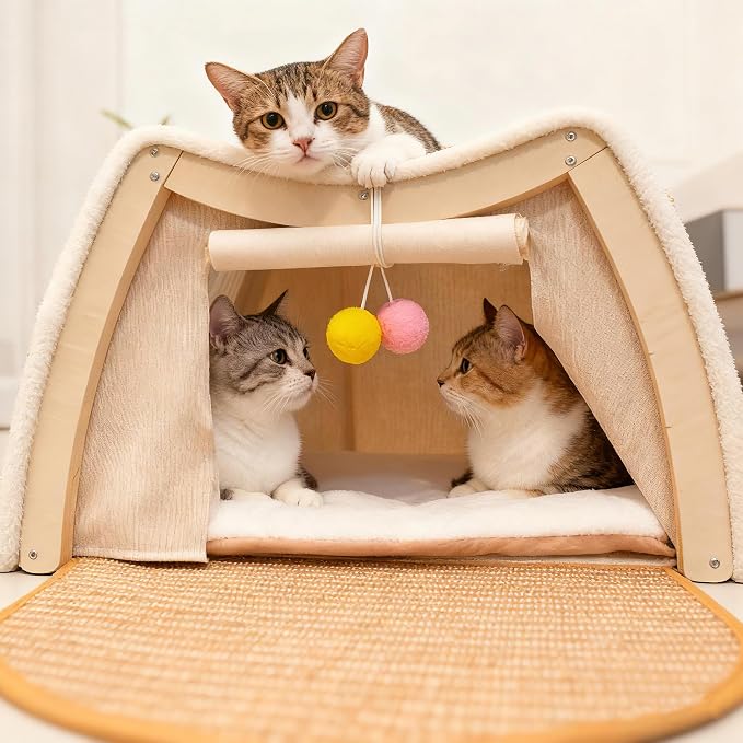 Cat Houses for Indoor Cats - Large Cat Bed Cave with Natural Sisal Cat Scratcher Mat, Solid Wood Frame Cat House with Curtains and Cat Floor Scratching Pad Rug, Protect Couch and Carpets, L - Image 6