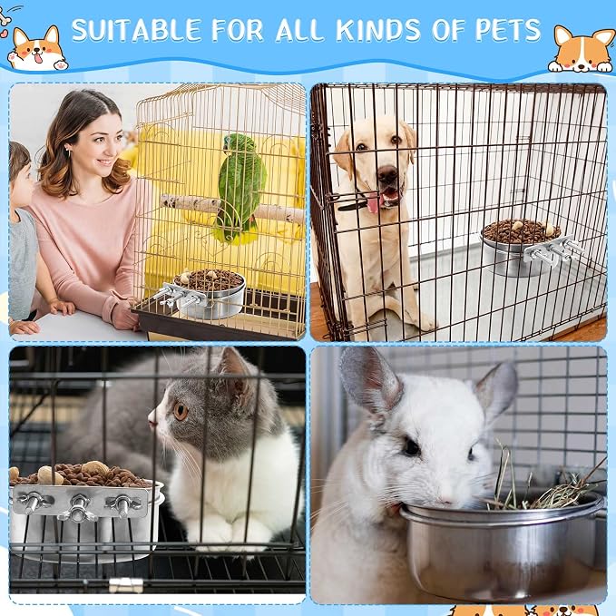 Zubebe 8 Pcs Stainless Steel Hanging Dog Crate Bowls, Non-Spill Kennel Food Water Bowls with Screw Clamp Attach Holders, Removable Mountable Metal Cage Feeder for Pet(41 Oz,19 oz) - Image 7