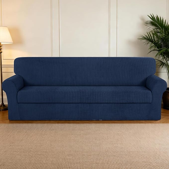 Oversized Sofa Cover Stretching Skid Resistance Couch Cover for Pets Washable, Thick and Durable Soft High Spandex Striped Pattern Sofa Covers (Oversized Sofa, Navy) - Image 7