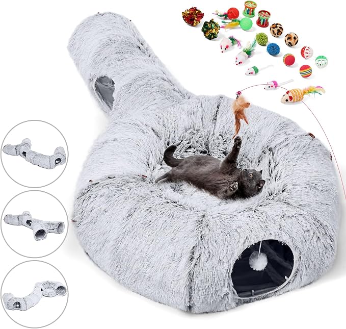 Cat Tunnels Bed with 1 Straight Tunnel and 20 Pet Toys - 5 Shapes DIY Indoor Cats Cave - Detachable Soft Cat Donut for Kitten Puppy Rabbit Ferret - Image 8