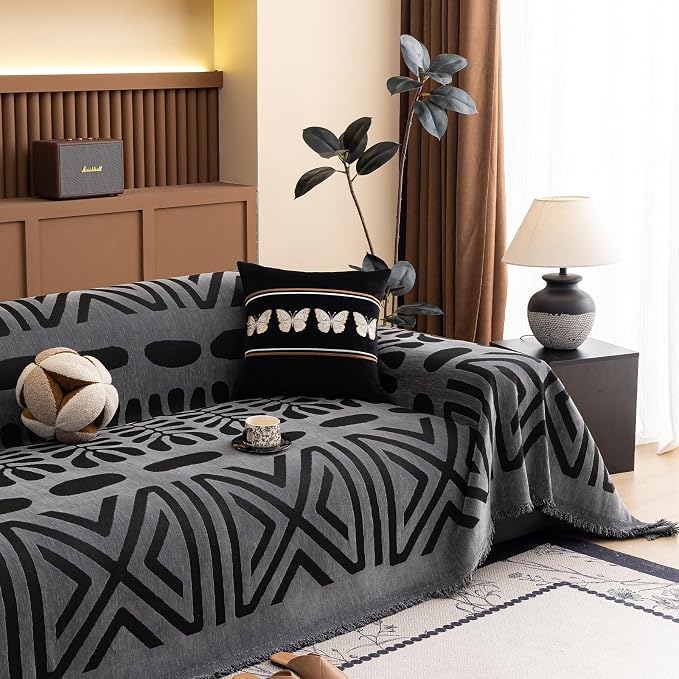 STACYPIK Boho Dark Grey Couch Cover for Pets Non Slip Black Geometric Sofa Cover Anti-Scratch Furniture Protector for 2 Cushion Couch with Tassels Multi-Use Sofa Slipcover for Sectional-71X118IN - Image 8