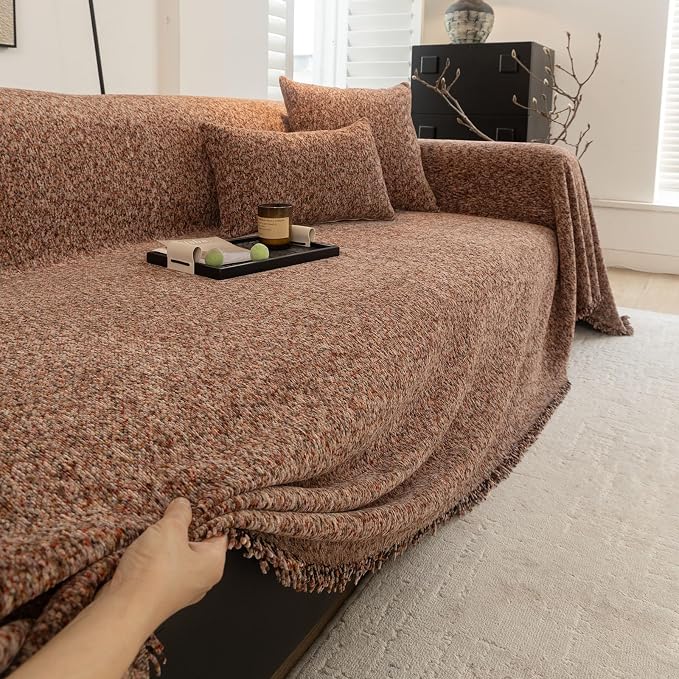 ROOMLIFE Pink Couch Cover for 3 Cushion Sofa, Chenille Sofa Couches Slipcover Sectional Sofas Covers with Tassel, Washable Soft Breathable Furniture Protector Cover for Living Room, 71 '' X 118'' - Image 9