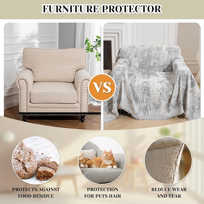 MEETSKY Small Couch Cover Oversized Chair Cover Washable, Chenille Soft Throws Cover for Single Sofa, Abstract Geometric Sofa Slipcover Multi-Use Furniture Protector for Dogs, 71" x 91", Light Grey - Image 8