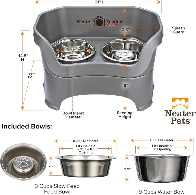Neater Feeder Deluxe Mess Proof Dog Bowls Elevated for Large Breeds – Made in USA – No Spill Raised Slow Feeder Elevated Dog Bowl Stand, Stainless Steel Food and Water Bowl Set, Grey - Image 9