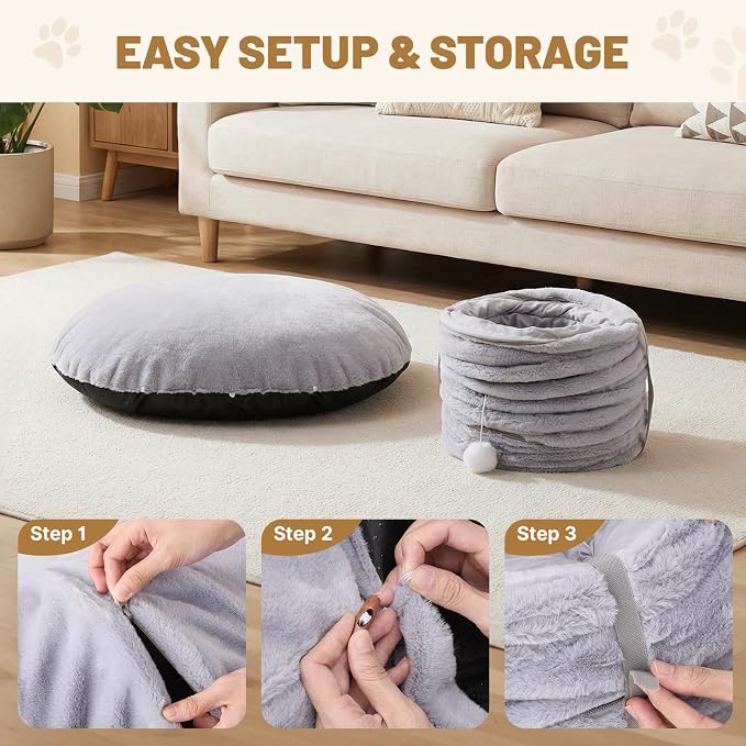 Extra Large Cat Tunnel, 47.2in Multi-Cat Family Big Cat Tunnel for Cats, Long Cat Tunnel Bed with Washable Plush Mat, XXL Pet Play Tunnel Toy for Cats, Puppy, Rabbits Grey - Image 8