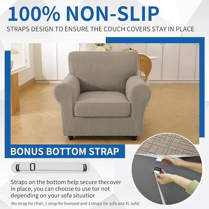 CYCMCAO Stretch 2 Piece Armchair Covers, Non Slip Chair Covers Armchair, Sofa Covers for Pets Washable with Elastic Bottom, Couch Slipcover for Kids, Dogs (Khaki), 31"-46" (1 Cushion) - Image 7