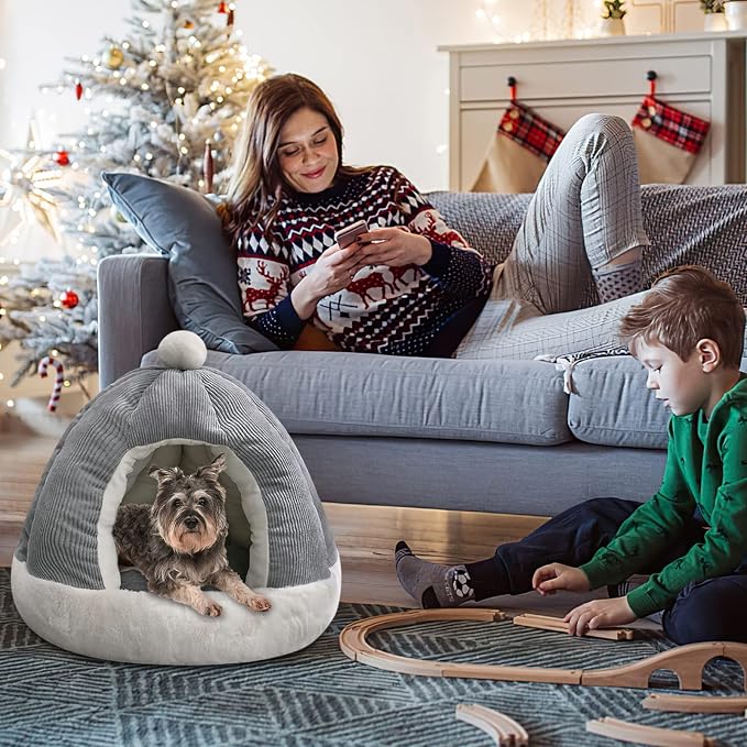 Cat Cave Bed, Cat Tent Bed House with Removable Washable Cushion, Soft Plush Cat Igloo Bed, Improve Sleep, Pet Bed for Kitten and Puppy(M, Grey) - Image 7