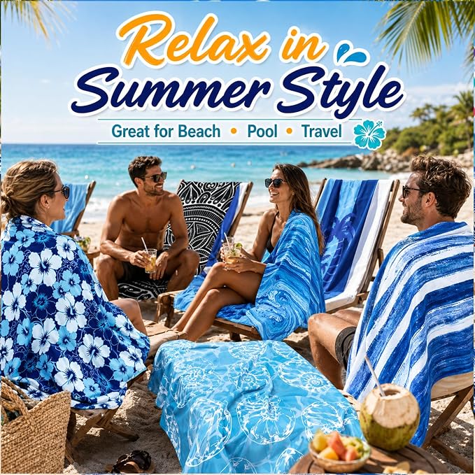 12 Pack Microfiber Beach Towel Set, 32x71 Oversized Extra Large Swim Pool Towel, Soft Fiber Beach Towels Set for Summer Travel, Spa, Swim Pool Accessories, Vacation Essential Gift (Blue and Floral Pac - Image 7