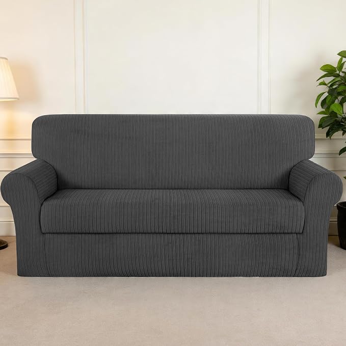 Sofa Cover Stretching Skid Resistance Couch Cover for Pets Washable, Thick and Durable Soft High Spandex Striped Pattern Sofa Covers, Form Fitted Sofa Slipcover(Sofa, Dark Gray) - Image 7
