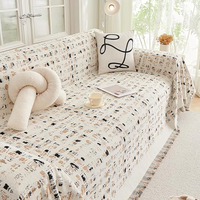 DREAMINGO Abstract Chenille Couch Cover Blanket Beige Khaki Black Boho Sofa Cover, Washable Furniture Protector, Universal Slipcover for Couch, Geometric Brushstroke Jacquard, Large 71"x118" - Image 7