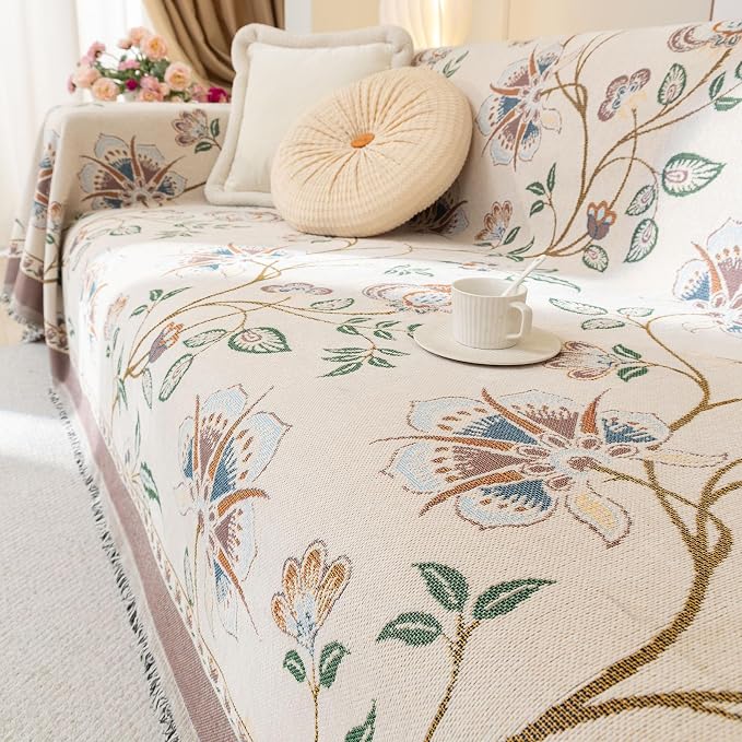 Floral White Jacquard Boho Couch Cover - Washable Decorative Chenille Sofa Slipcover for Kids and Pets, 1 Piece Non Slip Furniture Protector, Multi-Use Blankets (XLarge, 71" x 134") - Image 8
