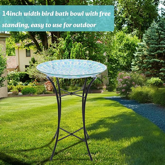 MUMTOP Mosaic Glass Bird Baths with Metal Stand for Garden Birdfeeder Decor | 14 Inch Width 19.68 Inch Height Outdoor Garden Bird Bath Bowl, Unique Glass Birdbaths Bird Feeder for Yard Decor - Image 7