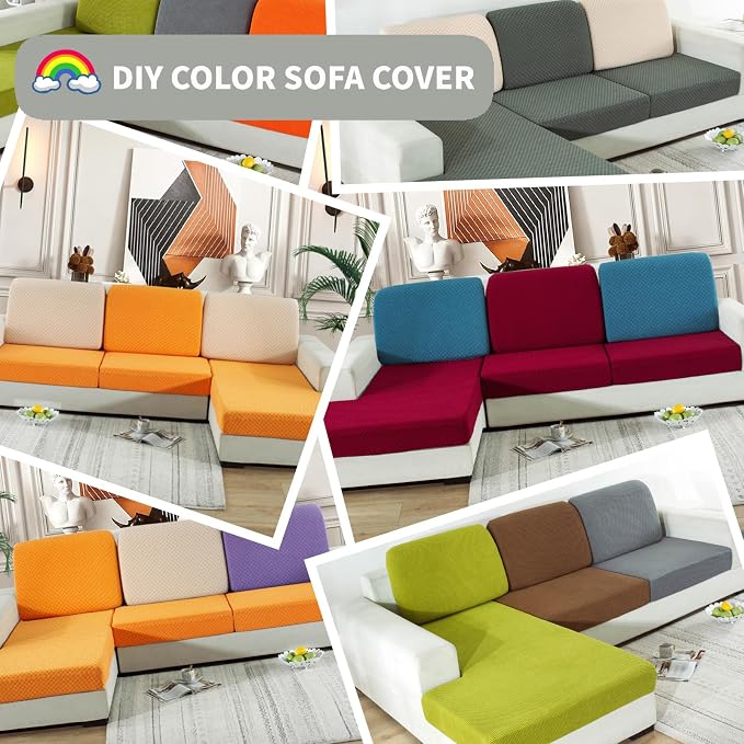 YEMYHOM Stretch Individual Cushion Covers Sofa Seat Cushion Slipcovers Soft Couch Cover Replacement Large Checkered Furniture Protector with Elastic Bottom (3 Pc Cushion Cover, Ivory) - Image 8