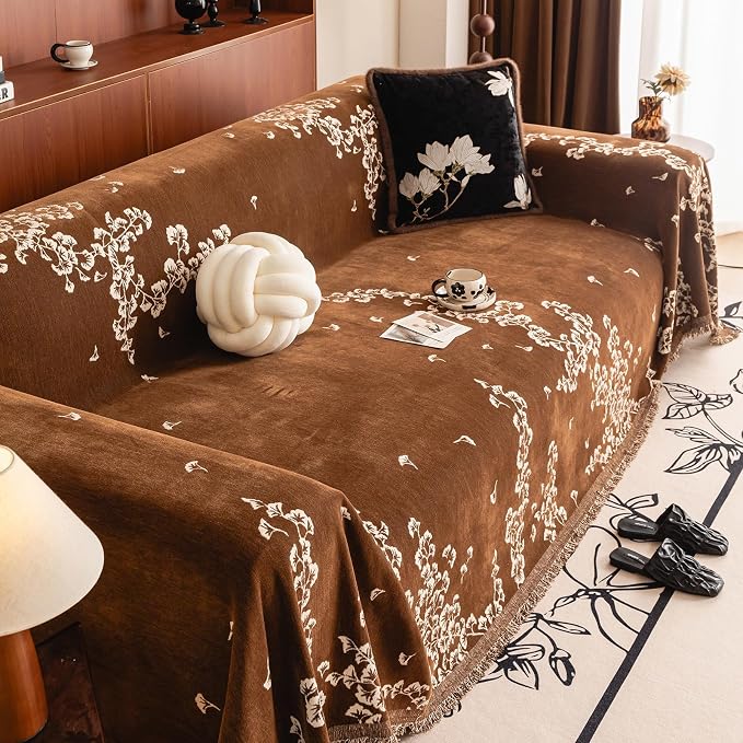 STACYPIK Vintage Ginkgo Leaf Coffee Couch Cover for Pets, Botanical Floral Jacquard Sofa Cover for 2 Cushion Couch, Soft Chenille Loveseat Slipcover for Sectional with Tassels Couch Protector-71X118IN - Image 9