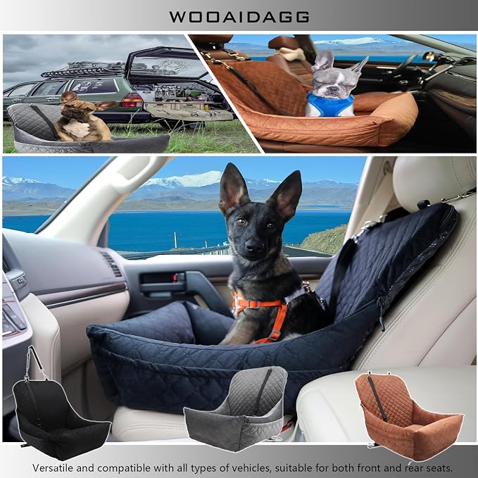WOOAIDAGG Dog Car Seat,Fully Detachable and Washable Cover,Easy to Assemble,Comfy Cushion Fill in Memory Foam,2 Clip-On Safety Leashes and Storage Pockets (Grey) - Image 6