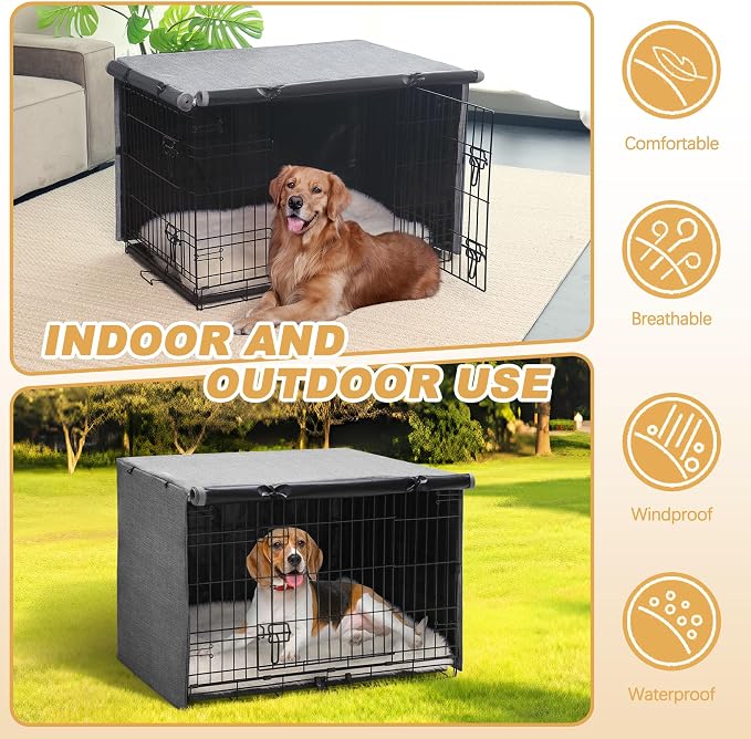 Dog Crate Cover - Double Door Waterproof Pet Kennel Cover, Durable 600D Polyester Protective Cage Cover for 30 Inch Dog Crate - Grey - Image 5