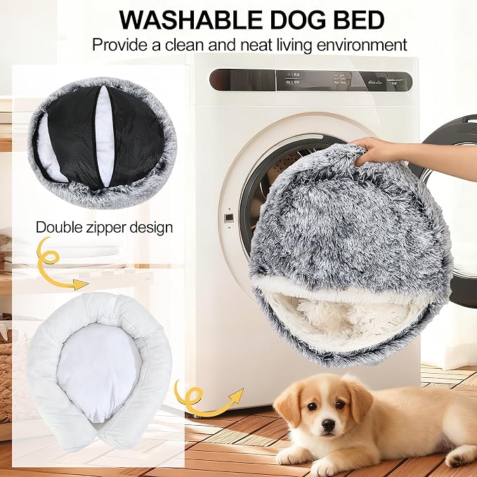 Calming Dog Beds & Cat Cave Bed with Hooded Cover,Removable Washable Round Beds for Small Medium Pets,Anti-Slip Faux Fur Fluffy Coved Bed for Improved Sleep,Fits up to 15/25 lbs(Grey,M) - Image 6