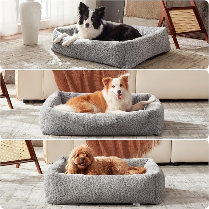 JOEJOY XL Dog Beds Large Sized Dog, Removable Washable Cover Orthopedic Soft Faux Rabbit Fur Pet Bed, Anti-Slip Fluffy Plush Faux Rabbit Fur Puppy Bed, 42"x36"x9", Leopard Print, Grey - Image 7