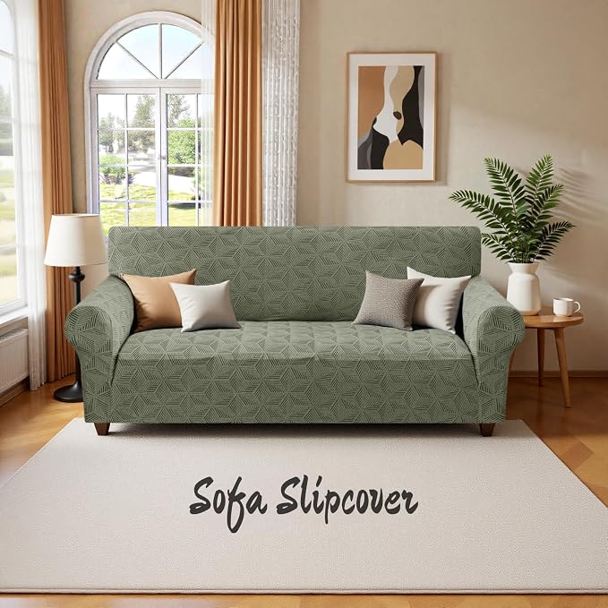 YEMYHOM 1 Piece Stretch Couch Covers for 2 Cushion Couch, Jacquard Loveseat Cover with Non-Slip Elastic Bottom, Thickened Slipcover Furniture Protector for Dogs Pets (Medium, Army Green) - Image 8