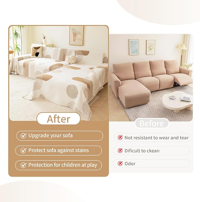 VANJOROY Boho Couch Cover for 2 3 Cushion, Sofa Slipcovers Sectional Sofa L-Shape Washable 100% Organic Chenille Couch Cover for Dogs Pets, Sofa Cover Protector Soft with Tassel,71"x 118" Khaki - Image 9