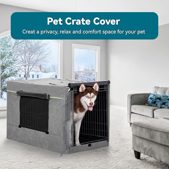 PETSFIT 36 Inch Wire Dog Crate Cover, Double Doors, Mesh Window, Detachable Top and Back Flap, Grey - Image 8