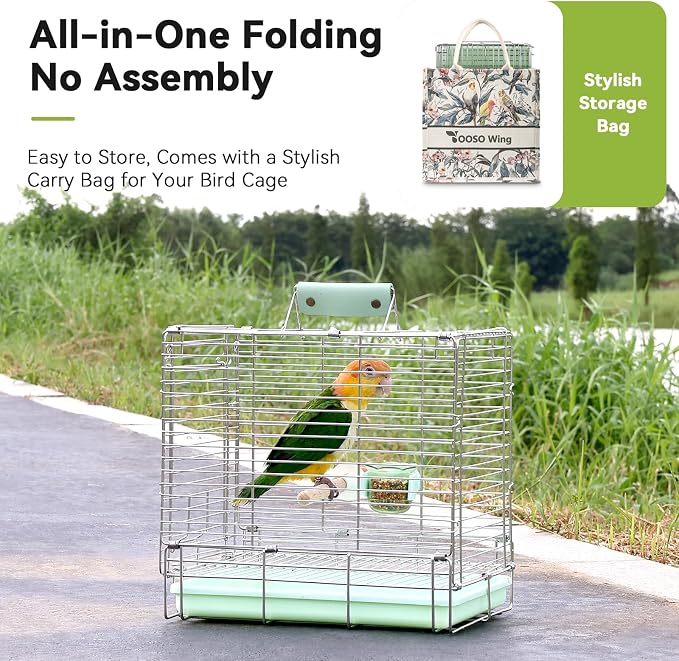 Bird Carrier Travel Cage - 304 Stainless Steel Portable Folding Bird Travel Cage with Parrot Feeder Cups & Standing Perch for Smaller Birds Conures Lovebird Cockatiel Parakeets (Green) - Image 8
