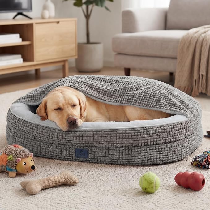 Veehoo 2-in-1 Dog Cave Bed with Cover, Covered Dog Bed for Large Dogs | Hooded blanket, supportive foam, removable washable cover, plush comfort, non-slip bottom - Image 9