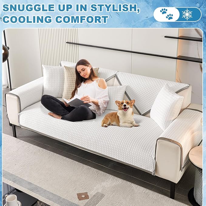 OTOB Cooling Dog Couch Cover Washable Non Slip Furniture Protector, 1 Piece | Luxury Cream, 27.6"x70.9", Premium Ice Silk Fabric, Modern Geometric, Soft, 3D Bionic Breathable, Pet Friendly Sofa Cover - Image 9