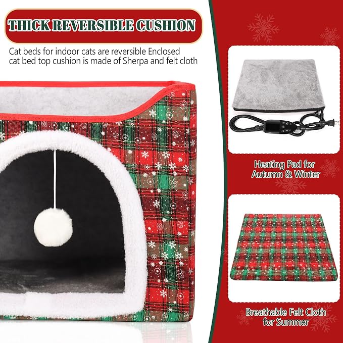 Heated Cat Bed for Indoor Cats, Foldable Cat House with Removable Heating Pad for Cats Small Dog Covered Cat Bed Cave Kitty Hideaway with with Scratch Pad, All Season Use - Image 9