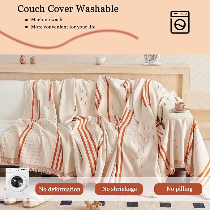 DREAMINGO Couch Cover Reversible Chenille Furniture Protector Sofa Covers for Pets Kids Beige Orange Couch Cover for 2 Cushion Couch Sofa Vertical Stripe Jacquard Sofa Slipcover Sectional, 71"x118" - Image 7